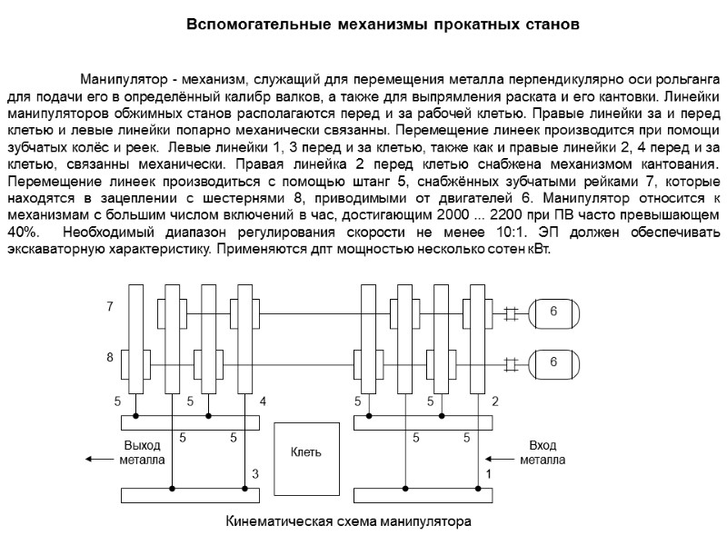 Манипулятор - механизм, служащий для перемещения металла перпендикулярно оси рольганга для подачи его в